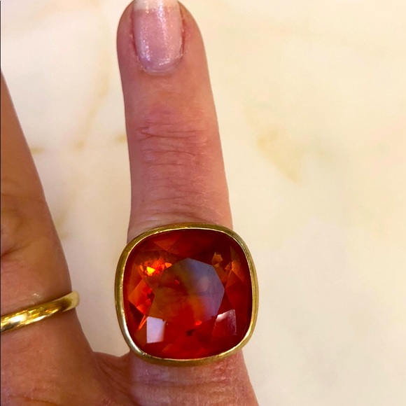 GORGEOUS ORANGE/YELLOW AMBER RING GOLD OVERLAY SZ-5 STUNNING COLOR!! π§‘π - Picture 2 of 4